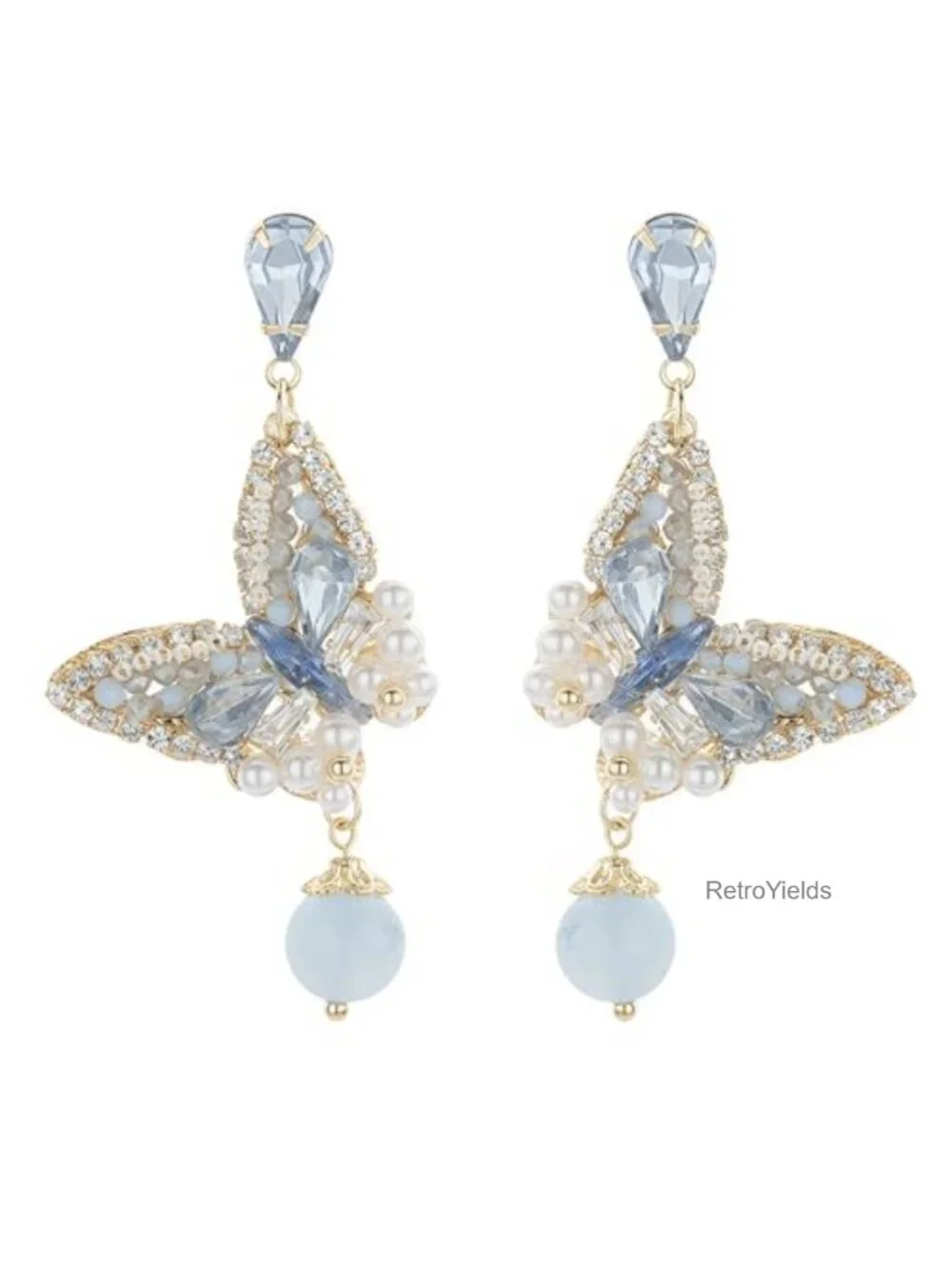 Dangle Flower Floral Blue Crystal Drop Earrings 14K Gold Plated Hypoallergenic